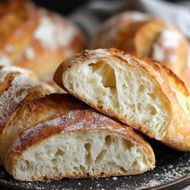 Loaf of freshly baked Rustic Italian Crusty Bread on a wooden surface.