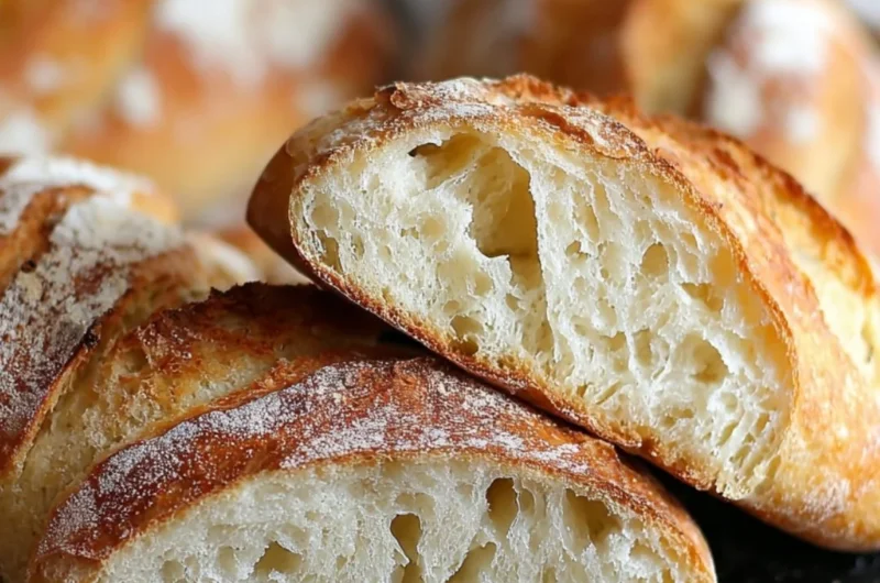 Loaf of freshly baked Rustic Italian Crusty Bread on a wooden surface.