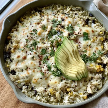Salsa Verde Chicken & Rice Skillet dish garnished with fresh herbs
