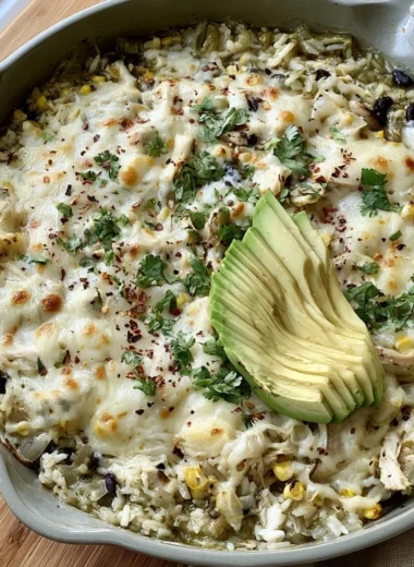 Salsa Verde Chicken & Rice Skillet dish garnished with fresh herbs