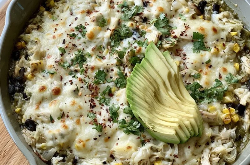 Salsa Verde Chicken & Rice Skillet dish garnished with fresh herbs
