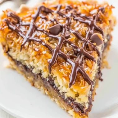 Samoa Pie featuring layers of chocolate, coconut, and caramel