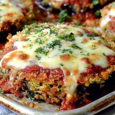 Delicious Sheet Pan Eggplant Parmesan ready to serve on a wooden table