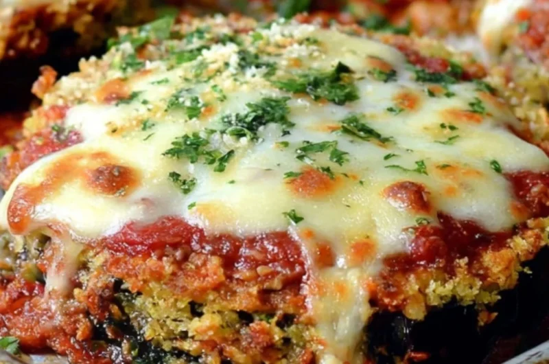 Delicious Sheet Pan Eggplant Parmesan ready to serve on a wooden table