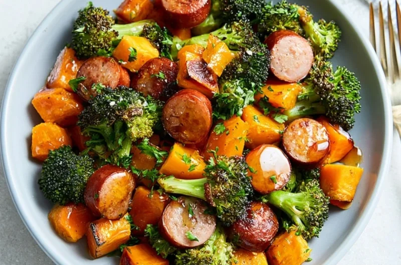 Sheet pan meal featuring sausage and roasted sweet potatoes