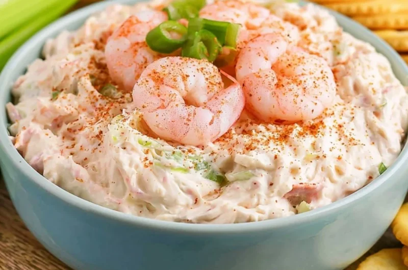 Delicious shrimp dip served in a bowl with fresh herbs and crackers