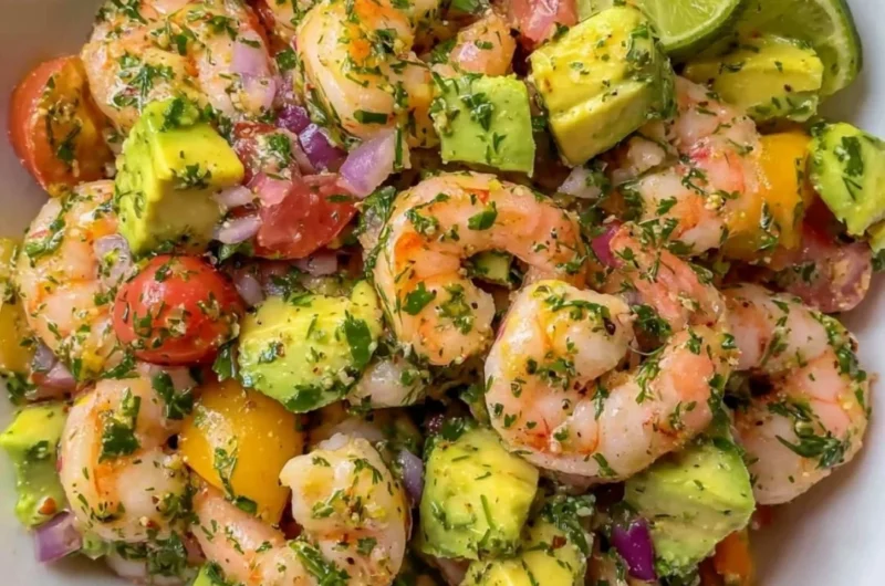 Delicious shrimp salad with fresh vegetables and dressing