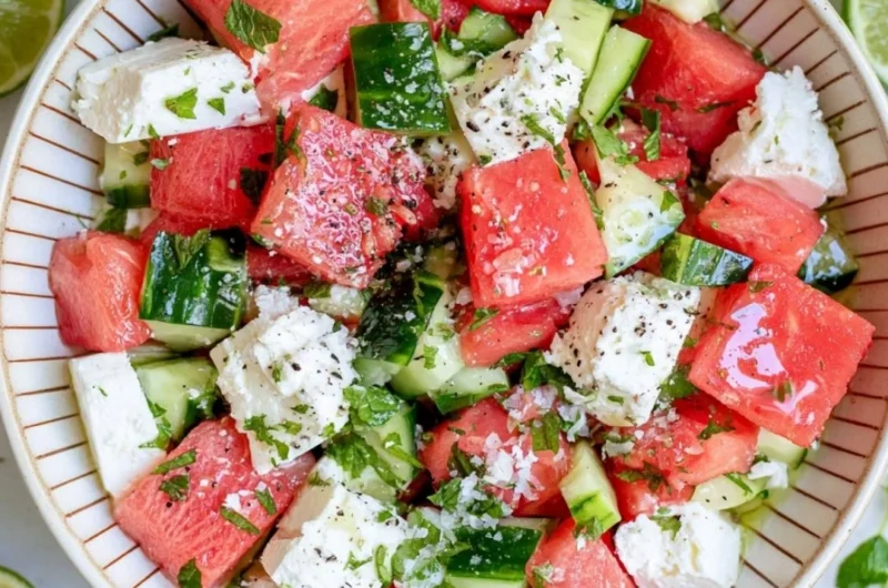 Colorful watermelon cucumber feta salad in a bowl, garnished and ready to serve