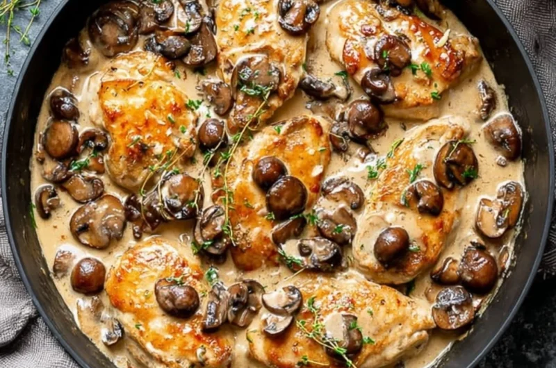 Skillet chicken with mushrooms and wine sauce served on a plate.