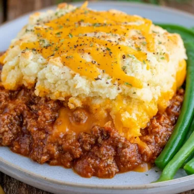 Delicious Sloppy Joe Casserole with Cheddar Bay Biscuits on top