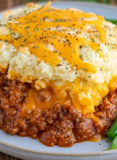 Delicious Sloppy Joe Casserole with Cheddar Bay Biscuits on top
