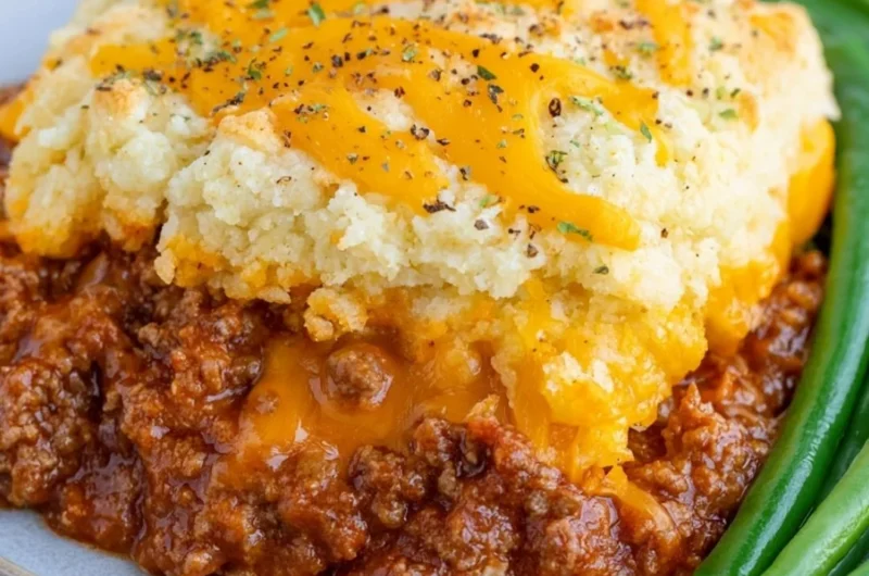 Delicious Sloppy Joe Casserole with Cheddar Bay Biscuits on top