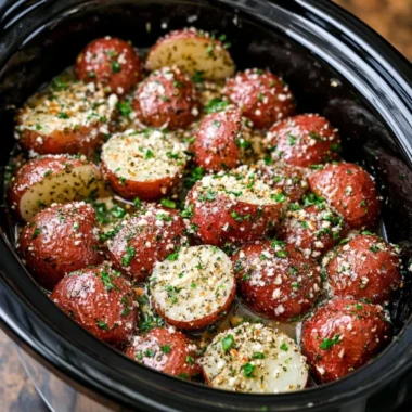 Delicious slow cooker herb ranch potatoes garnished with fresh herbs.