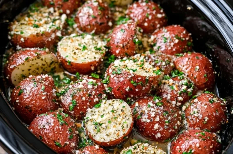Delicious slow cooker herb ranch potatoes garnished with fresh herbs.