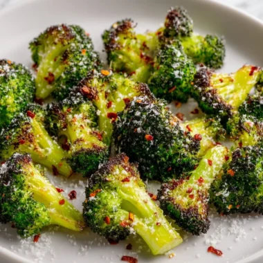 Plate of vibrant smashed broccoli garnished with spices and lemon
