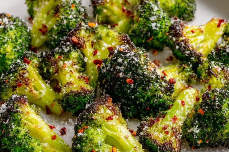Plate of vibrant smashed broccoli garnished with spices and lemon