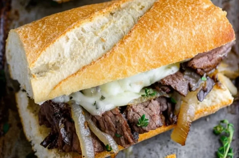 Delicious steak sandwich served with fresh ingredients and sauces