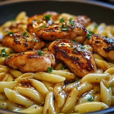 Delicious sticky smoky garlic butter chicken pasta served in a bowl