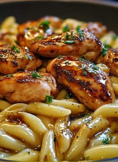 Delicious sticky smoky garlic butter chicken pasta served in a bowl