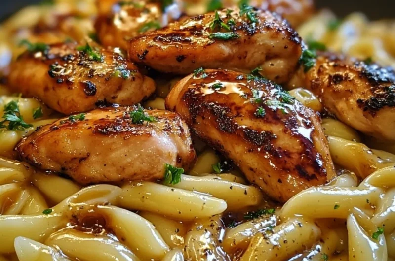 Delicious sticky smoky garlic butter chicken pasta served in a bowl