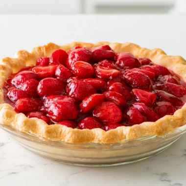 Freshly baked strawberry pie with a golden crust and vibrant red strawberries