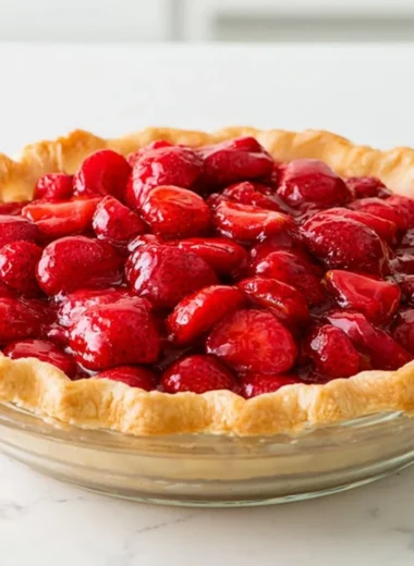 Freshly baked strawberry pie with a golden crust and vibrant red strawberries