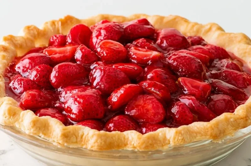 Freshly baked strawberry pie with a golden crust and vibrant red strawberries