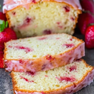 Delicious strawberry pound cake topped with fresh strawberries and whipped cream