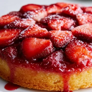 Delicious strawberry upside down cake topped with fresh strawberries