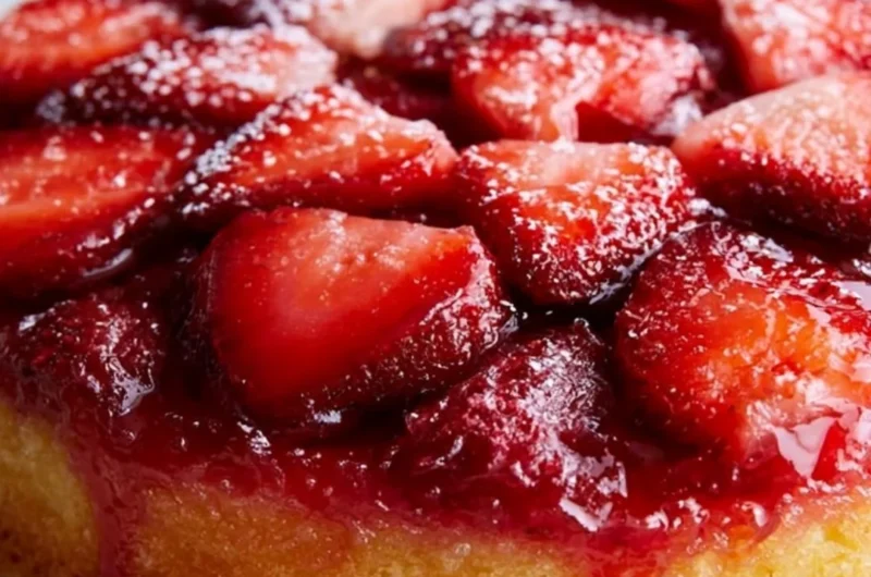 Delicious strawberry upside down cake topped with fresh strawberries