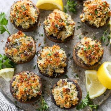 Plate of delicious stuffed mushrooms with herbs and cheese