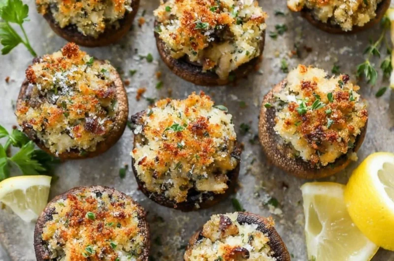 Plate of delicious stuffed mushrooms with herbs and cheese