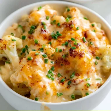 Creamy cauliflower mac and cheese dish topped with melted cheese