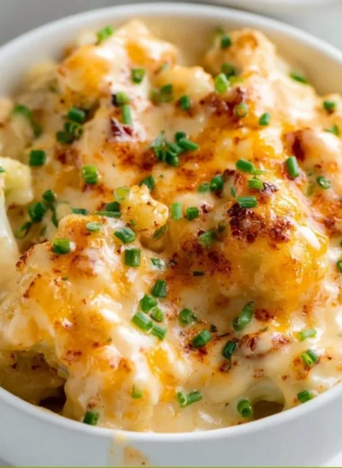 Creamy cauliflower mac and cheese dish topped with melted cheese