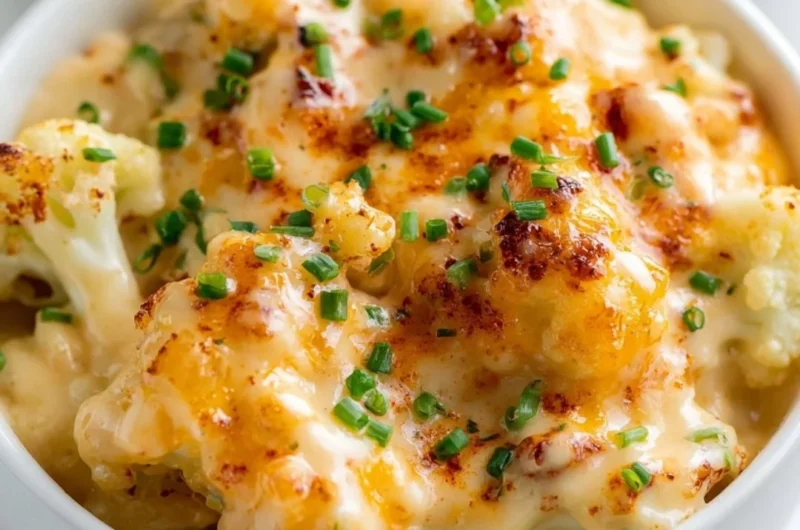 Creamy cauliflower mac and cheese dish topped with melted cheese