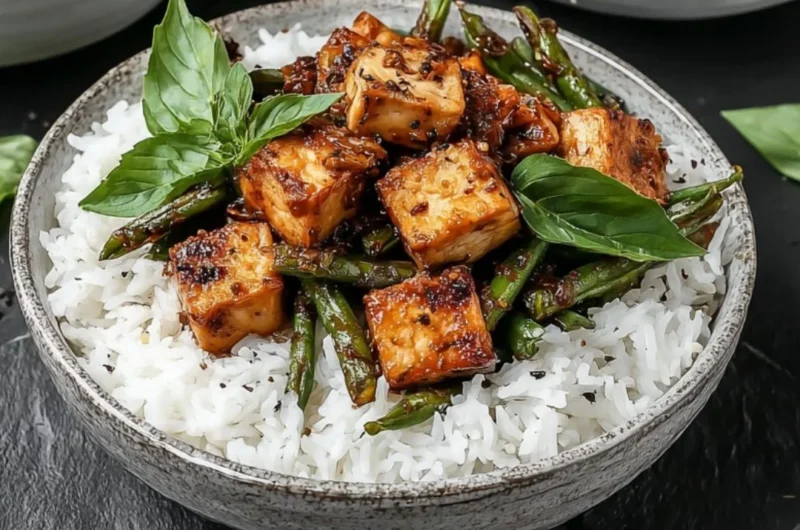 Vegan Black Pepper Tofu Stir Fry served with colorful vegetables in a bowl