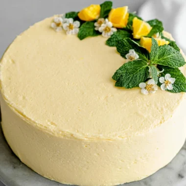 Vegan lemon cake with lemon cream cheese frosting on a rustic wooden table