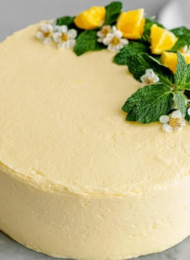 Vegan lemon cake with lemon cream cheese frosting on a rustic wooden table