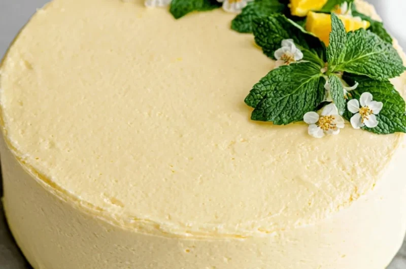 Vegan lemon cake with lemon cream cheese frosting on a rustic wooden table