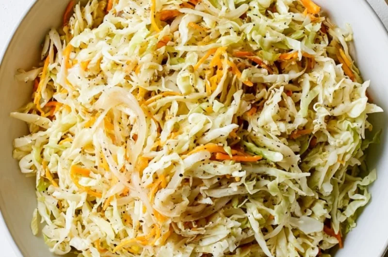 Bowl of fresh vineger coleslaw with vibrant vegetables