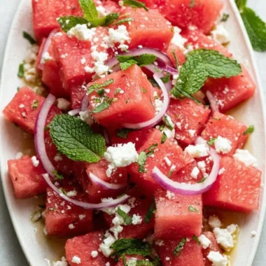 A vibrant watermelon feta salad garnished with fresh mint leaves