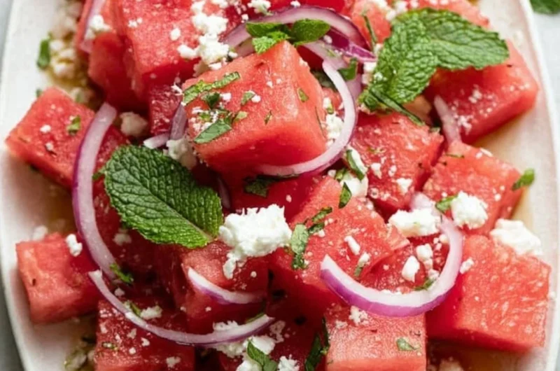 A vibrant watermelon feta salad garnished with fresh mint leaves