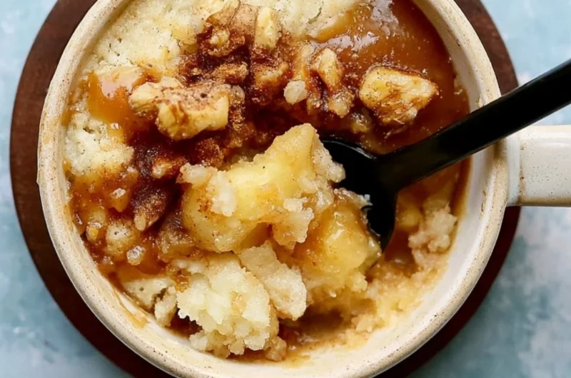 Delicious homemade apple mug cake topped with cinnamon and apple slices