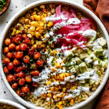 Delicious BBQ Ranch Chickpea Quinoa Bowl with fresh ingredients and vibrant colors.