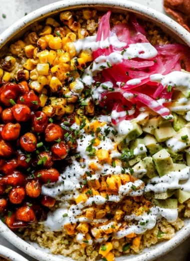 Delicious BBQ Ranch Chickpea Quinoa Bowl with fresh ingredients and vibrant colors.