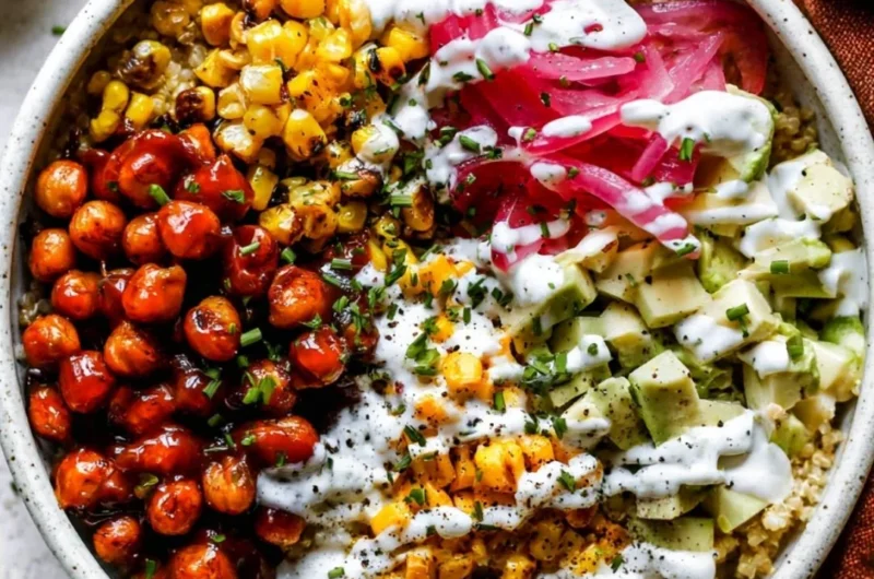 Delicious BBQ Ranch Chickpea Quinoa Bowl with fresh ingredients and vibrant colors.