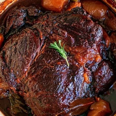 Deliciously prepared beef chuck roast served with vegetables and herbs