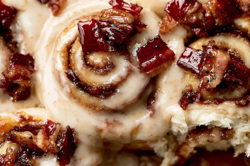 Delicious Bourbon Maple Bacon Cinnamon Rolls topped with frosting and pecans