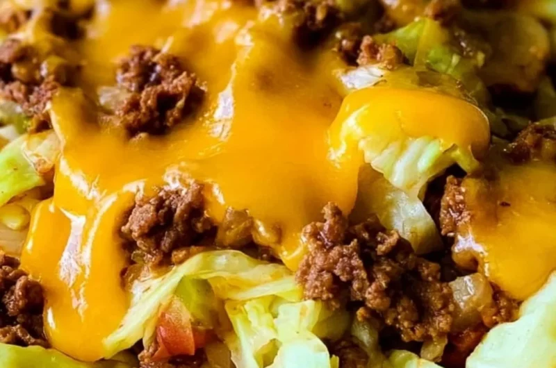Cabbage Taco Skillet with colorful ingredients in a pan