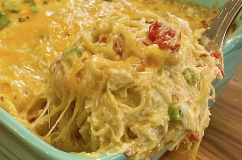 Creamy Chicken Spaghetti with Rotel and Velveeta in a serving dish